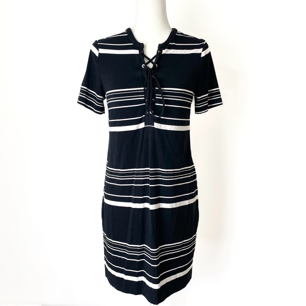 Black & White Striped Lace-Up Summer Dress